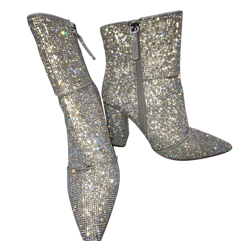 Steve Madden Noticed-R Rhinestone Silver Ankle Boots Pointed Toe Block Heel 8 - Picture 5 of 8